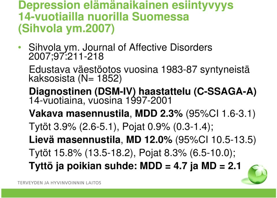 (DSM-IV) haastattelu (C-SSAGA-A) 14-vuotiaina, vuosina 1997-2001 Vakava masennustila, MDD 2.3% (95%CI 1.6-3.1) Tytöt 3.9% (2.6-5.