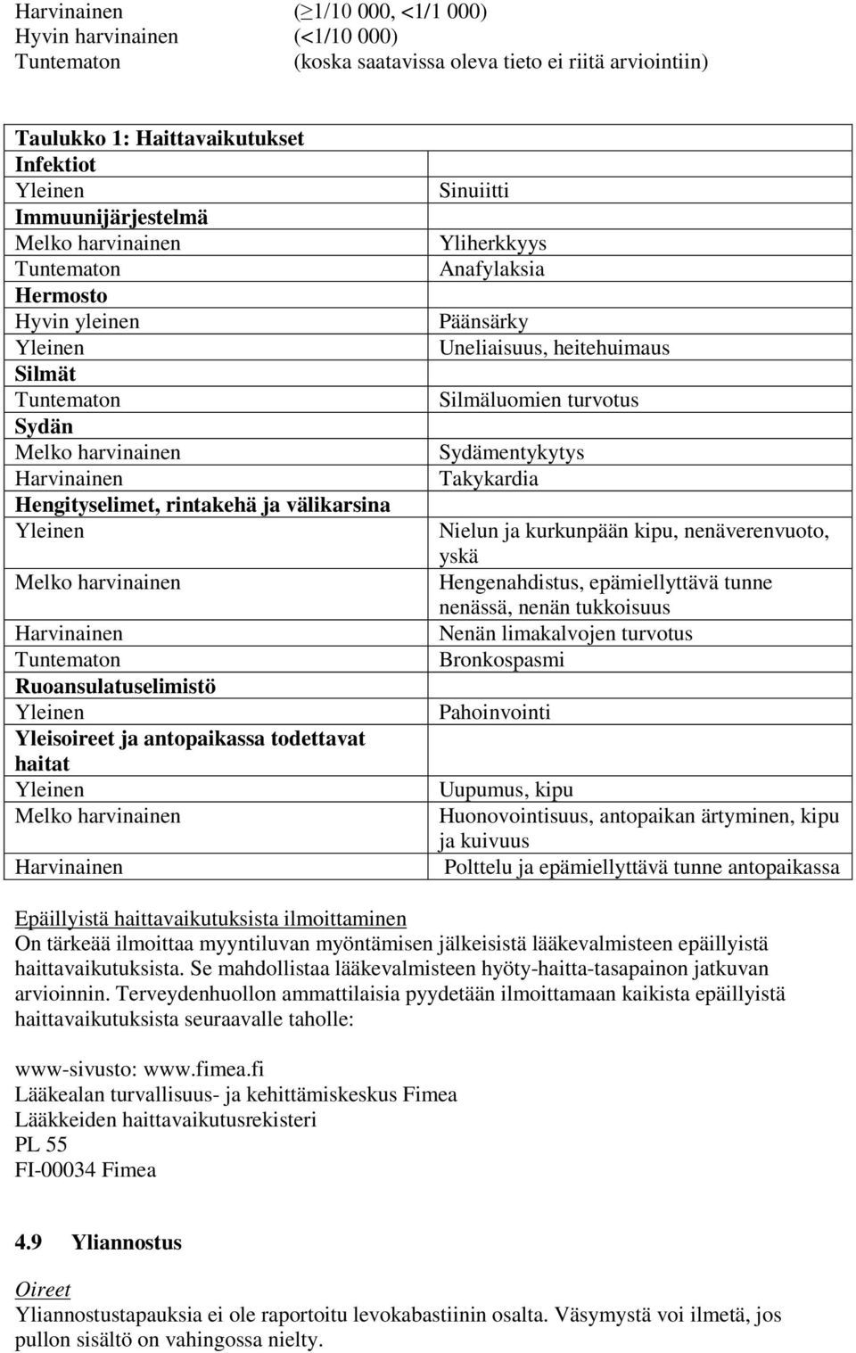 Päänsärky Uneliaisuus, heitehuimaus Silmäluomien turvotus Sydämentykytys Takykardia Nielun ja kurkunpään kipu, nenäverenvuoto, yskä Hengenahdistus, epämiellyttävä tunne nenässä, nenän tukkoisuus