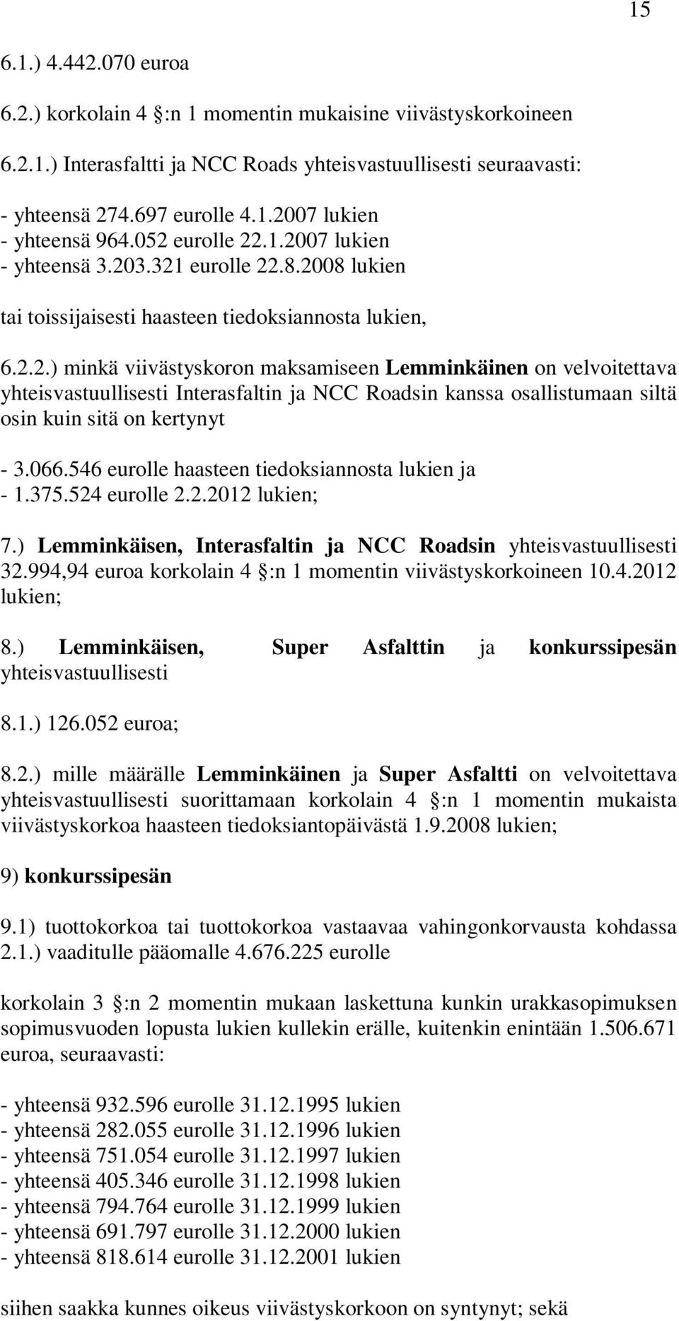066.546 eurolle haasteen tiedoksiannosta lukien ja - 1.375.524 eurolle 2.2.2012 lukien; 7.) Lemminkäisen, Interasfaltin ja NCC Roadsin yhteisvastuullisesti 32.