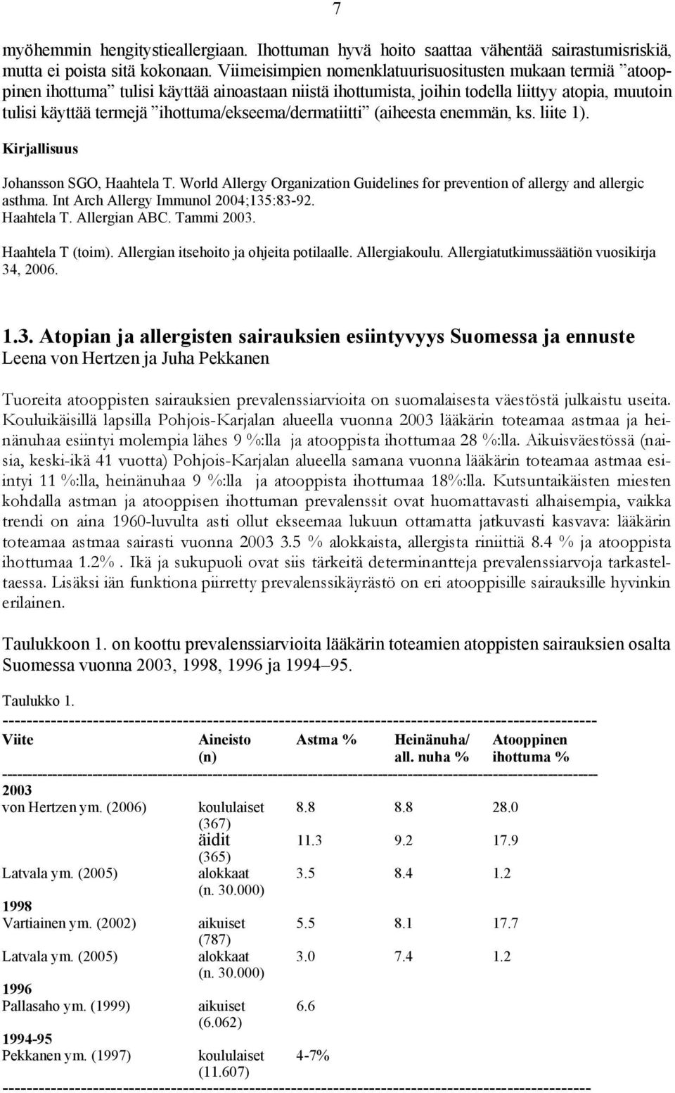 ihottuma/ekseema/dermatiitti (aiheesta enemmän, ks. liite 1). Kirjallisuus Johansson SGO, Haahtela T. World Allergy Organization Guidelines for prevention of allergy and allergic asthma.