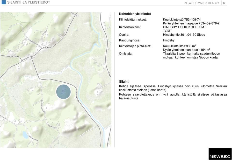 maa-alue 4454 m 2 Omistaja: Tilaajalta Sipoon kunnalta saadun tiedon mukaan kohteen omistaa Sipoon kunta.
