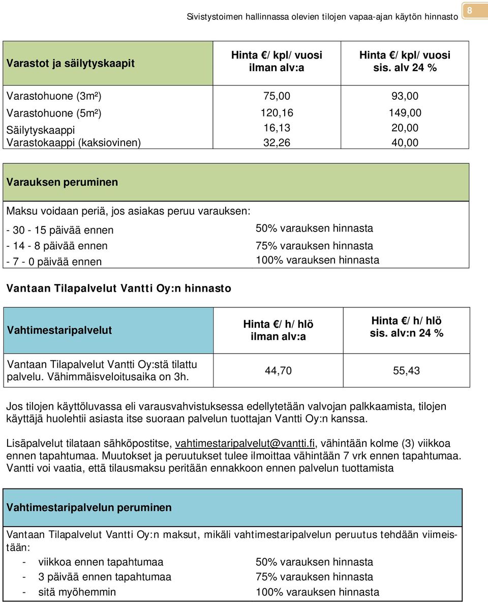 Tilapalvelut Vantti Oy:n hinnasto Vahtimestaripalvelut / h/ hlö / h/ hlö :n Vantaan Tilapalvelut Vantti Oy:stä tilattu palvelu. Vähimmäisveloitusaika on 3h.