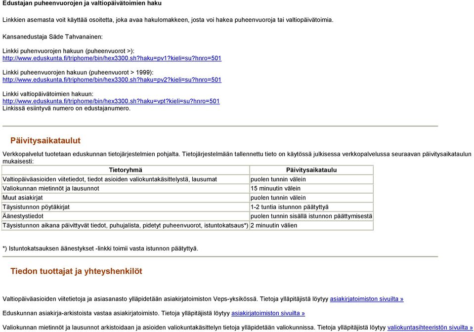 hnro=501 Linkki puheenvuorojen hakuun (puheenvuorot > 1999): http://www.eduskunta.fi/triphome/bin/hex3300.sh?haku=pv2?kieli=su?hnro=501 Linkki valtiopäivätoimien hakuun: http://www.eduskunta.fi/triphome/bin/hex3300.sh?haku=vpt?