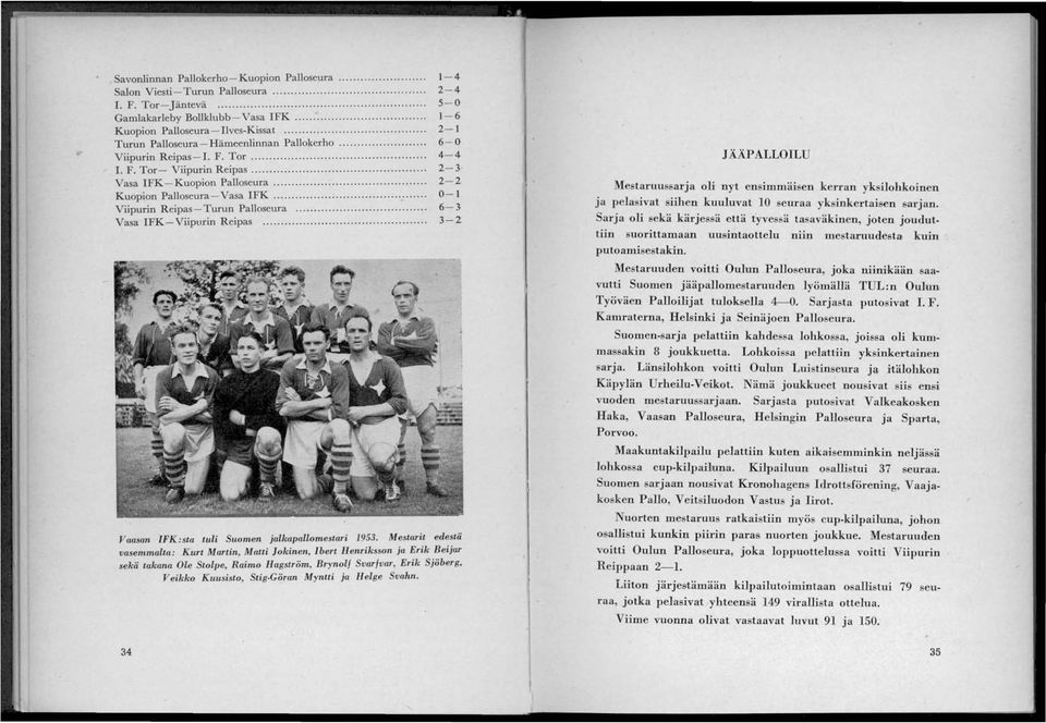 .._...... Viipurin R eipas-turun Palloseura.... Vasa IFK- Viipurin R eipas... 1-4 2-4 5-0 1-6 2-1 6-0 4-4 2-3 2-2 0-1 6-3 3-2 Vaasan IFK:sta tuli Suomen jalkapallomestari 1953.