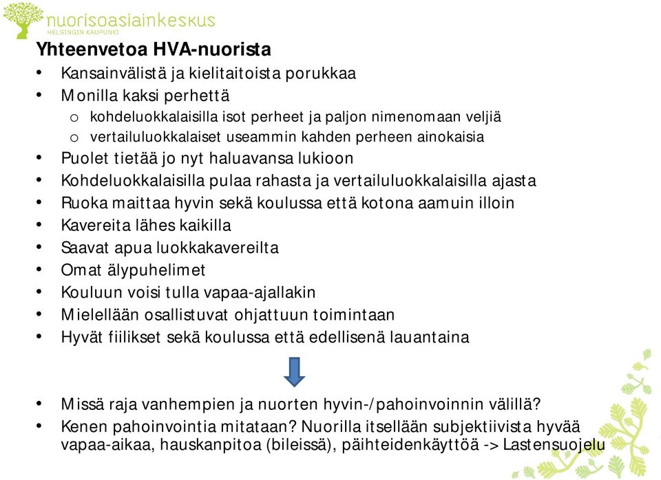 että kotona aamuin illoin Kavereita lähes kaikilla Saavat apua luokkakavereilta Omat älypuhelimet Kouluun voisi tulla vapaa-ajallakin Mielellään osallistuvat ohjattuun toimintaan Hyvät fiilikset sekä