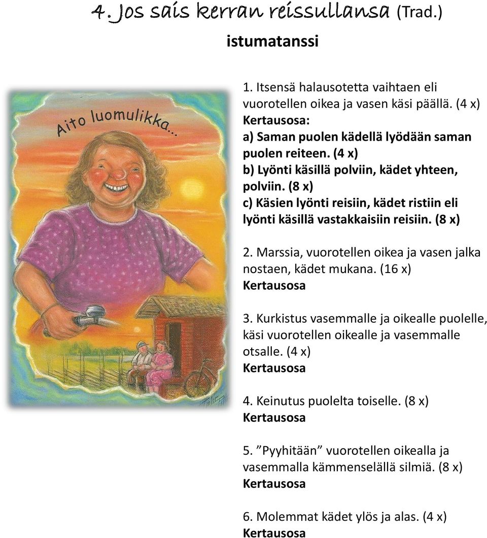 (8 x) c) Käsien lyönti reisiin, kädet ristiin eli lyönti käsillä vastakkaisiin reisiin. (8 x) 2. Marssia, vuorotellen oikea ja vasen jalka nostaen, kädet mukana. (16 x) Kertausosa 3.