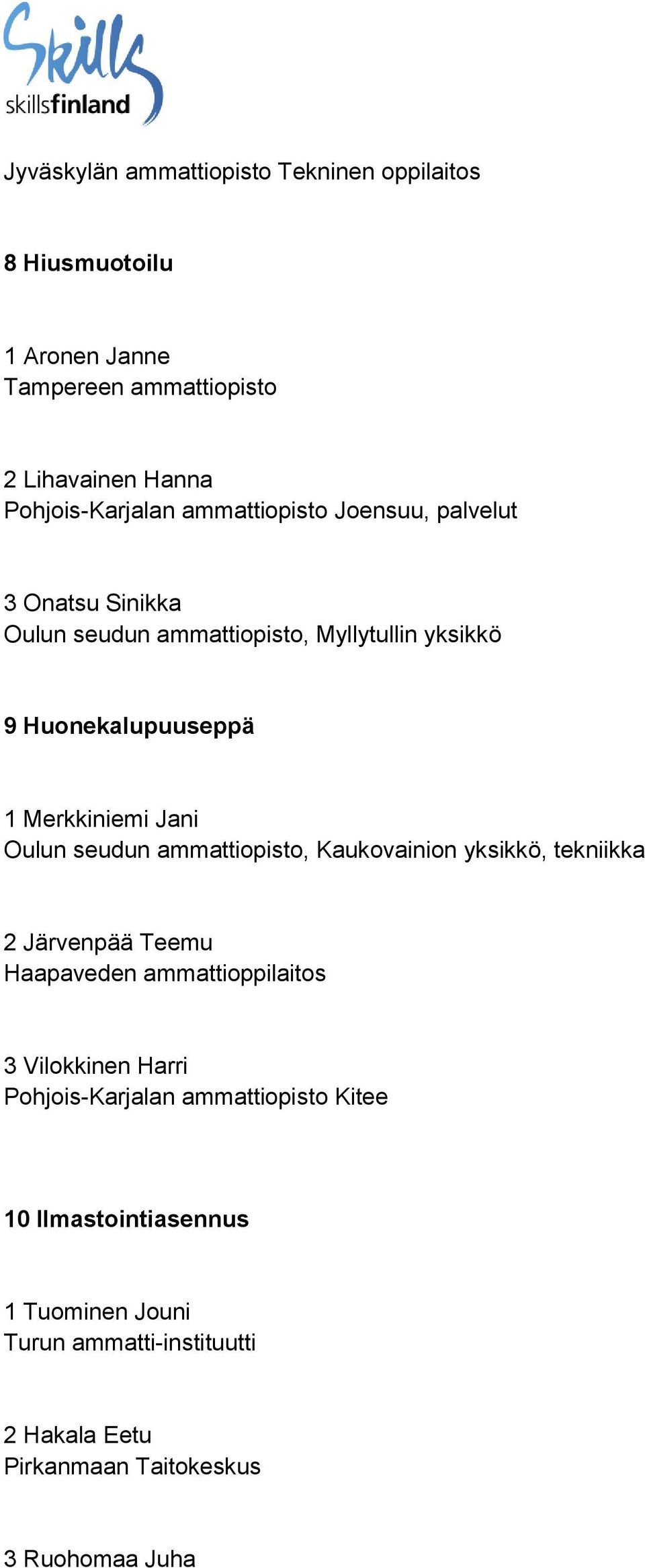 Oulun seudun ammattiopisto, Kaukovainion yksikkö, tekniikka 2 Järvenpää Teemu Haapaveden ammattioppilaitos 3 Vilokkinen Harri
