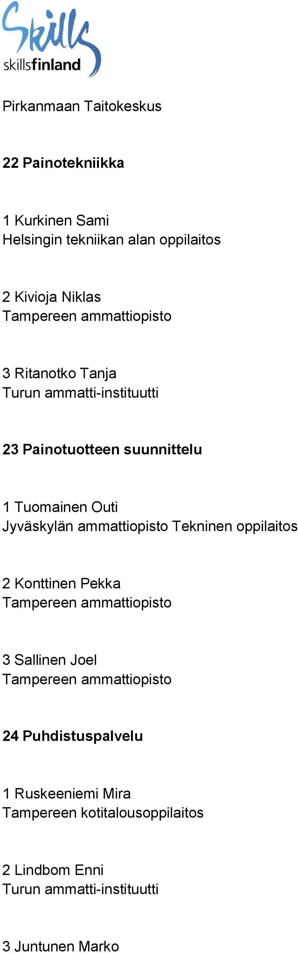 Outi Jyväskylän ammattiopisto Tekninen oppilaitos 2 Konttinen Pekka 3 Sallinen Joel 24