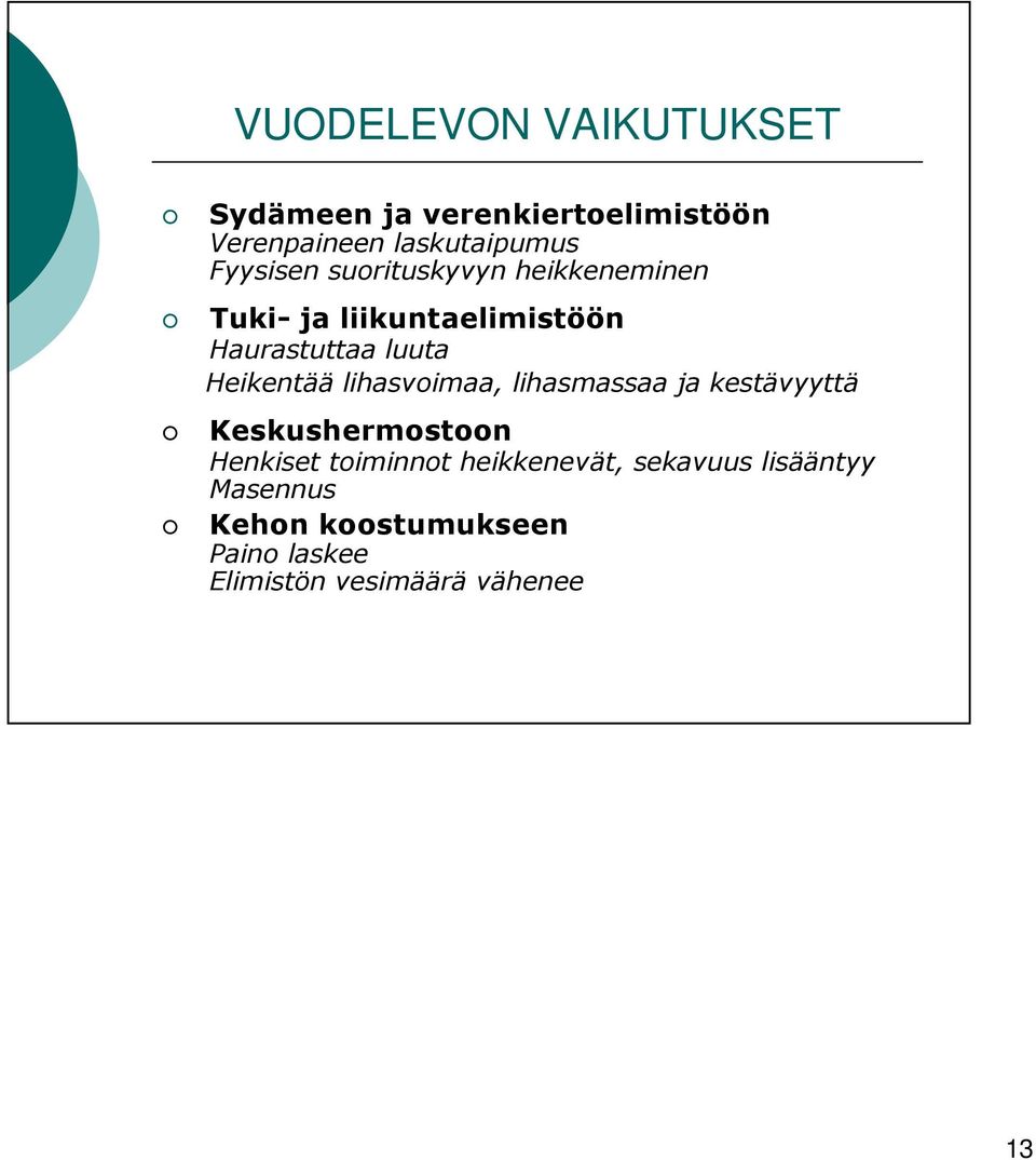 Heikentää lihasvoimaa, lihasmassaa ja kestävyyttä Keskushermostoon Henkiset toiminnot