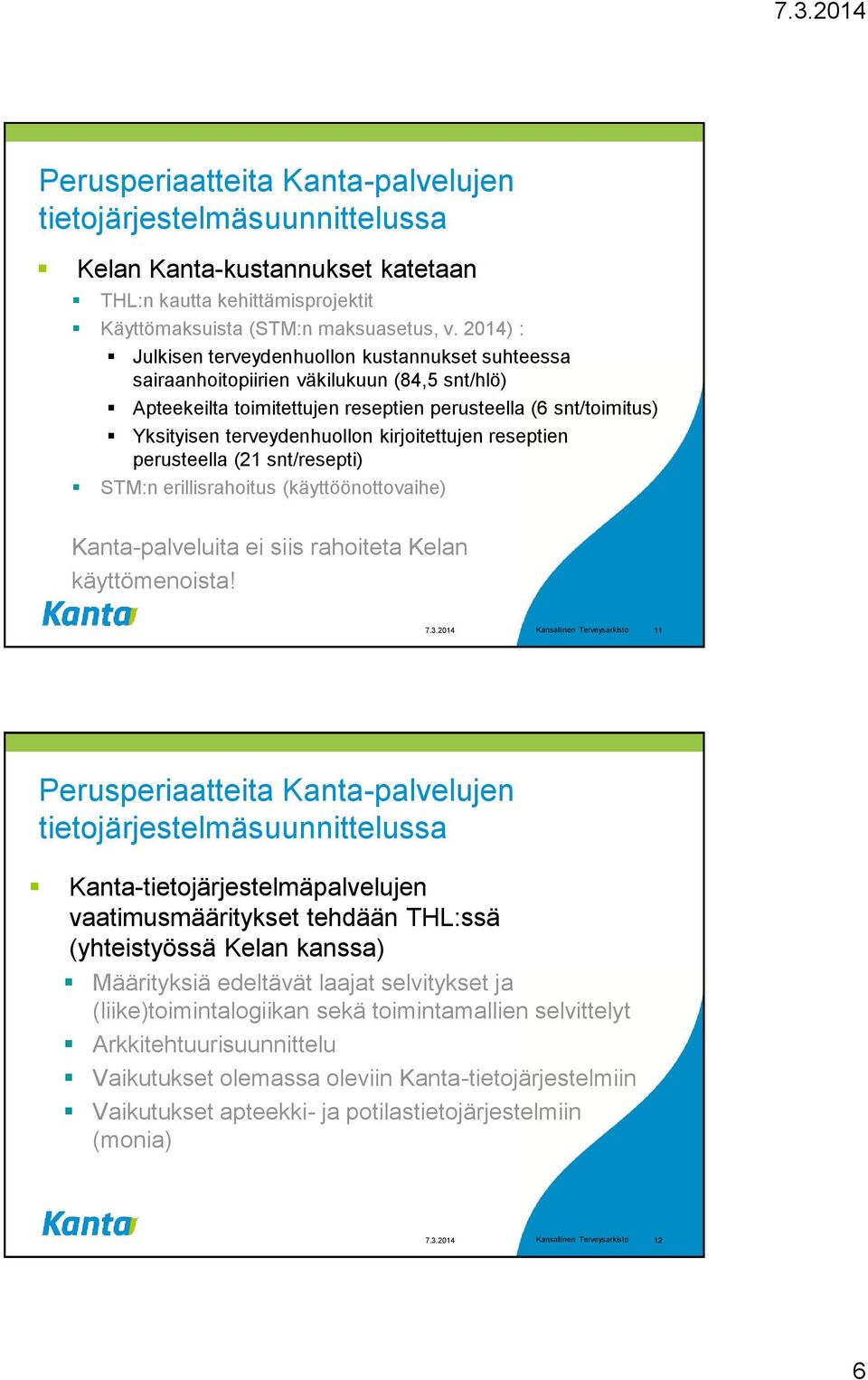 kirjoitettujen reseptien perusteella (21 snt/resepti) STM:n erillisrahoitus (käyttöönottovaihe) Kanta-palveluita ei siis rahoiteta Kelan käyttömenoista! 7.3.