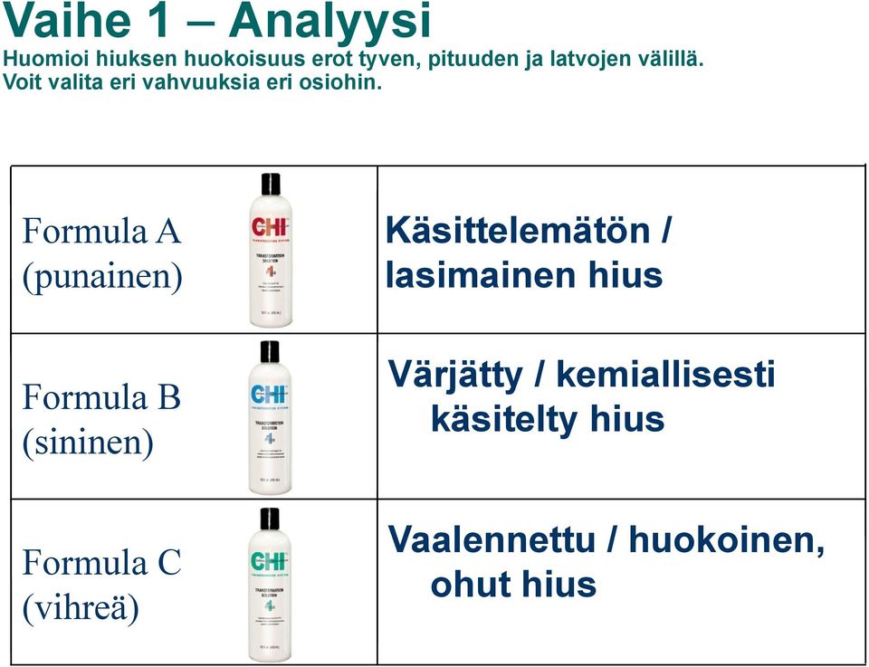 Formula A (punainen) Formula B (sininen) Formula C (vihreä)