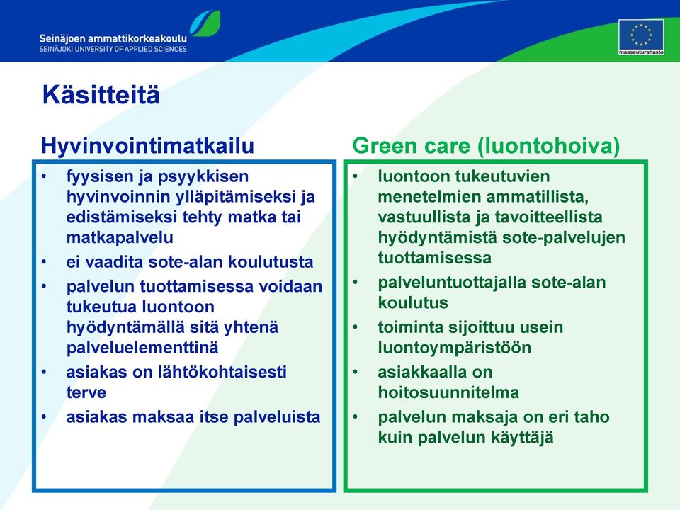 palveluista Green care (luontohoiva) luontoon tukeutuvien menetelmien ammatillista, vastuullista ja tavoitteellista hyödyntämistä sote-palvelujen