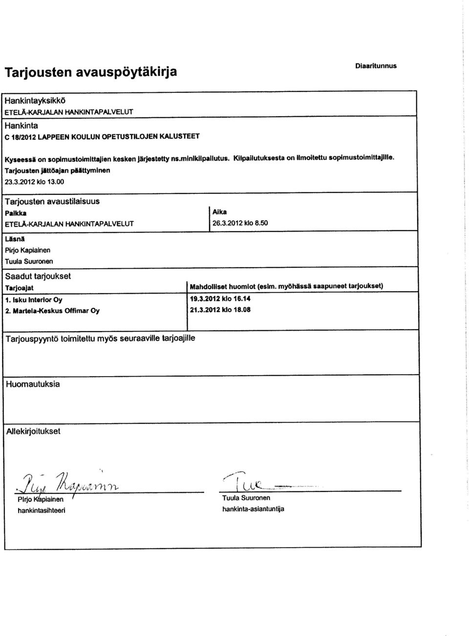 Tarjousten avaustilaisuus Paikka Aika ETELÄ-KARJALAN HANKINTAPALVELUT 26.3.2012 klo 8.50 Läsnä Pirjo Kapiainen Tuula Suuronen Saadut tarjoukset Tarjoajat Mahdolliset huomiot (esim.