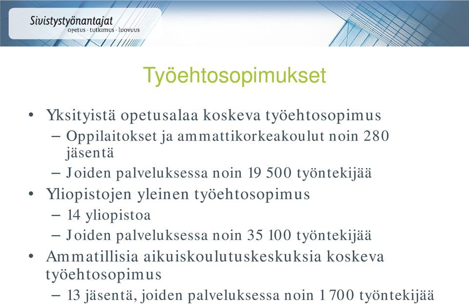 Yliopistojen yleinen työehtosopimus 14 yliopistoa Joiden palveluksessa noin 35 100