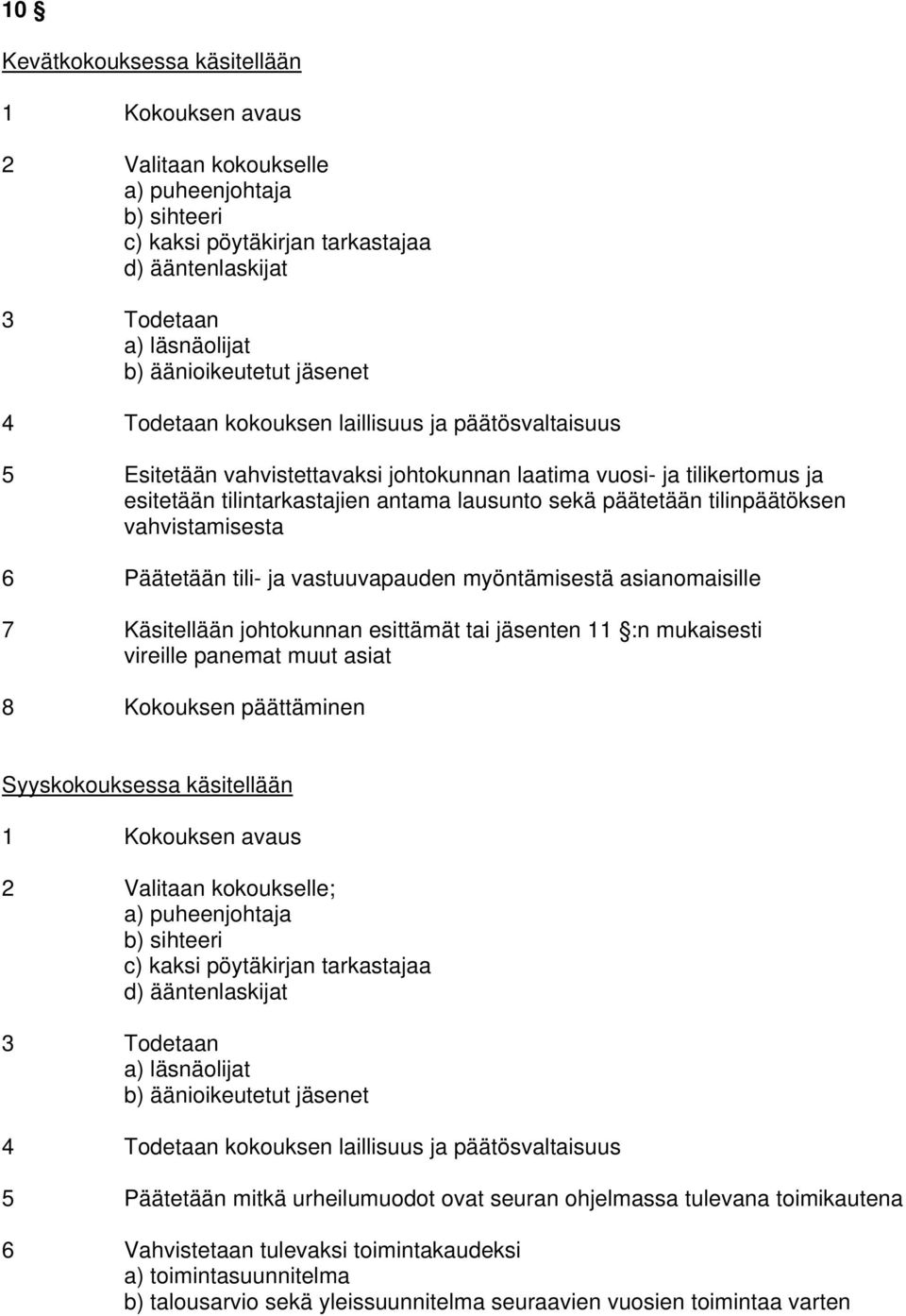 tilinpäätöksen vahvistamisesta 6 Päätetään tili- ja vastuuvapauden myöntämisestä asianomaisille 7 Käsitellään johtokunnan esittämät tai jäsenten 11 :n mukaisesti vireille panemat muut asiat 8