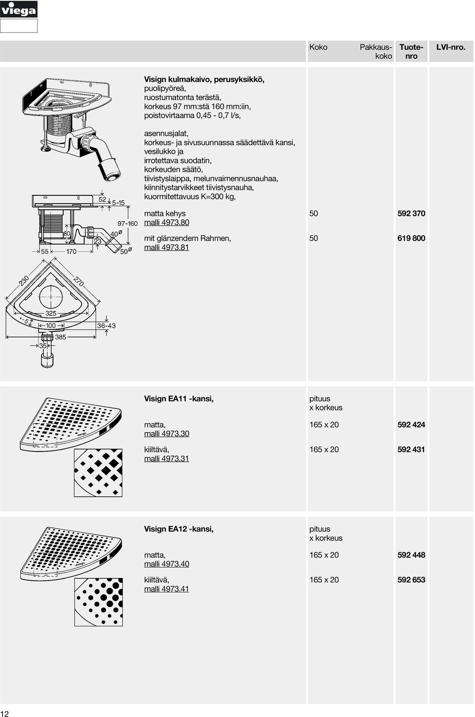 tiivistysnauha, kuormitettavuus K=300 kg, matta kehys malli 4973.80 mit glänzendem Rahmen, malli 4973.81 50 592 370 50 619 800 Visign EA11 -kansi, malli 4973.