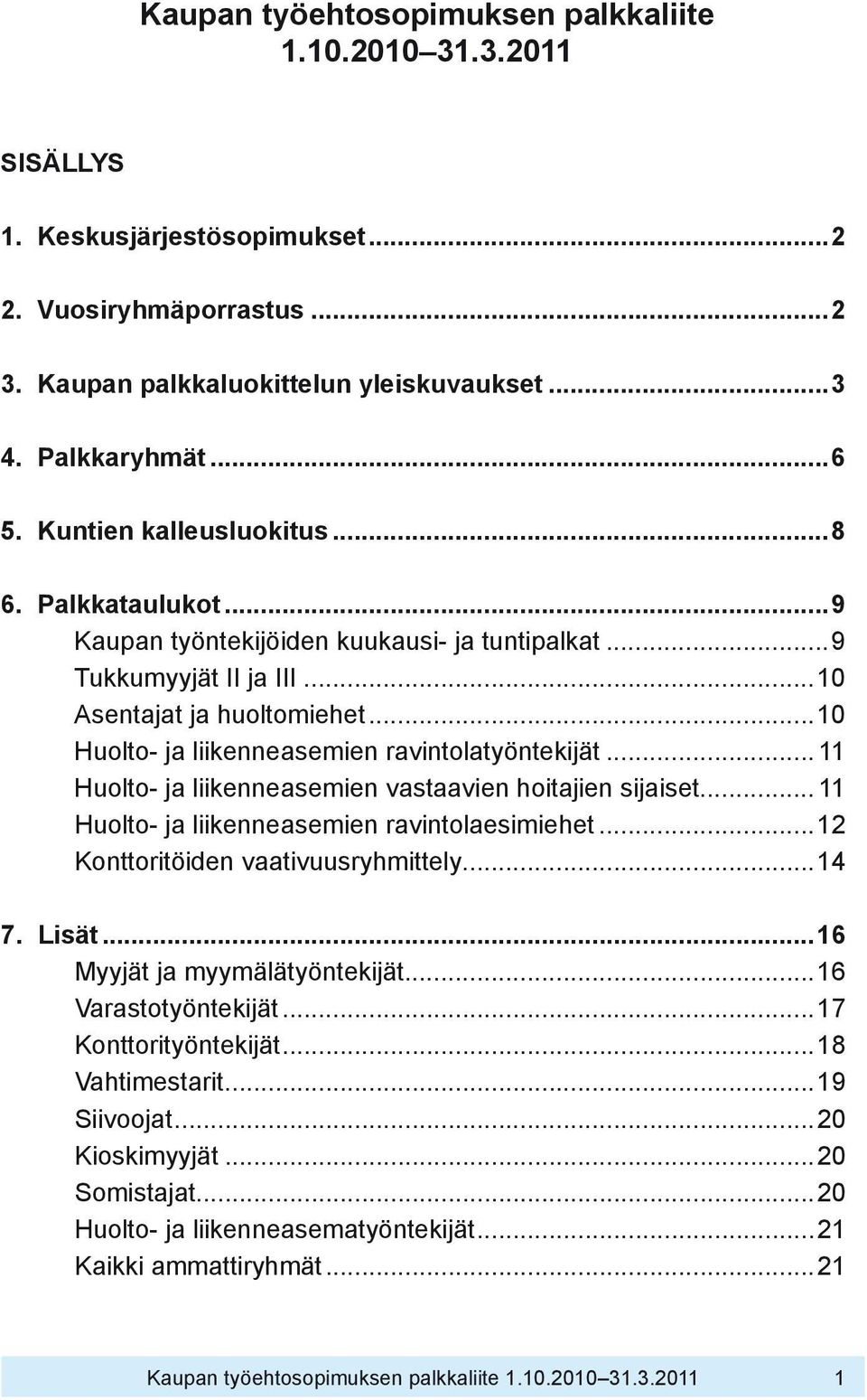 ..10 Huolto- ja liikenneasemien ravintolatyöntekijät... 11 Huolto- ja liikenneasemien vastaavien hoitajien sijaiset... 11 Huolto- ja liikenneasemien ravintolaesimiehet.