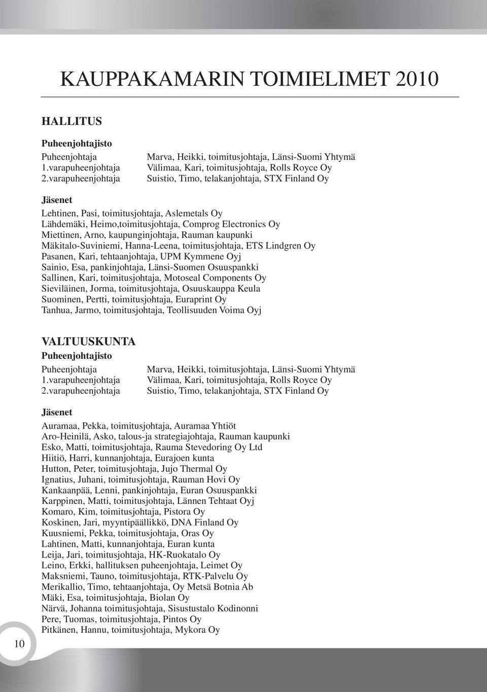 toimitusjohtaja, Aslemetals Oy Lähdemäki, Heimo,toimitusjohtaja, Comprog Electronics Oy Miettinen, Arno, kaupunginjohtaja, Rauman kaupunki Mäkitalo-Suviniemi, Hanna-Leena, toimitusjohtaja, ETS