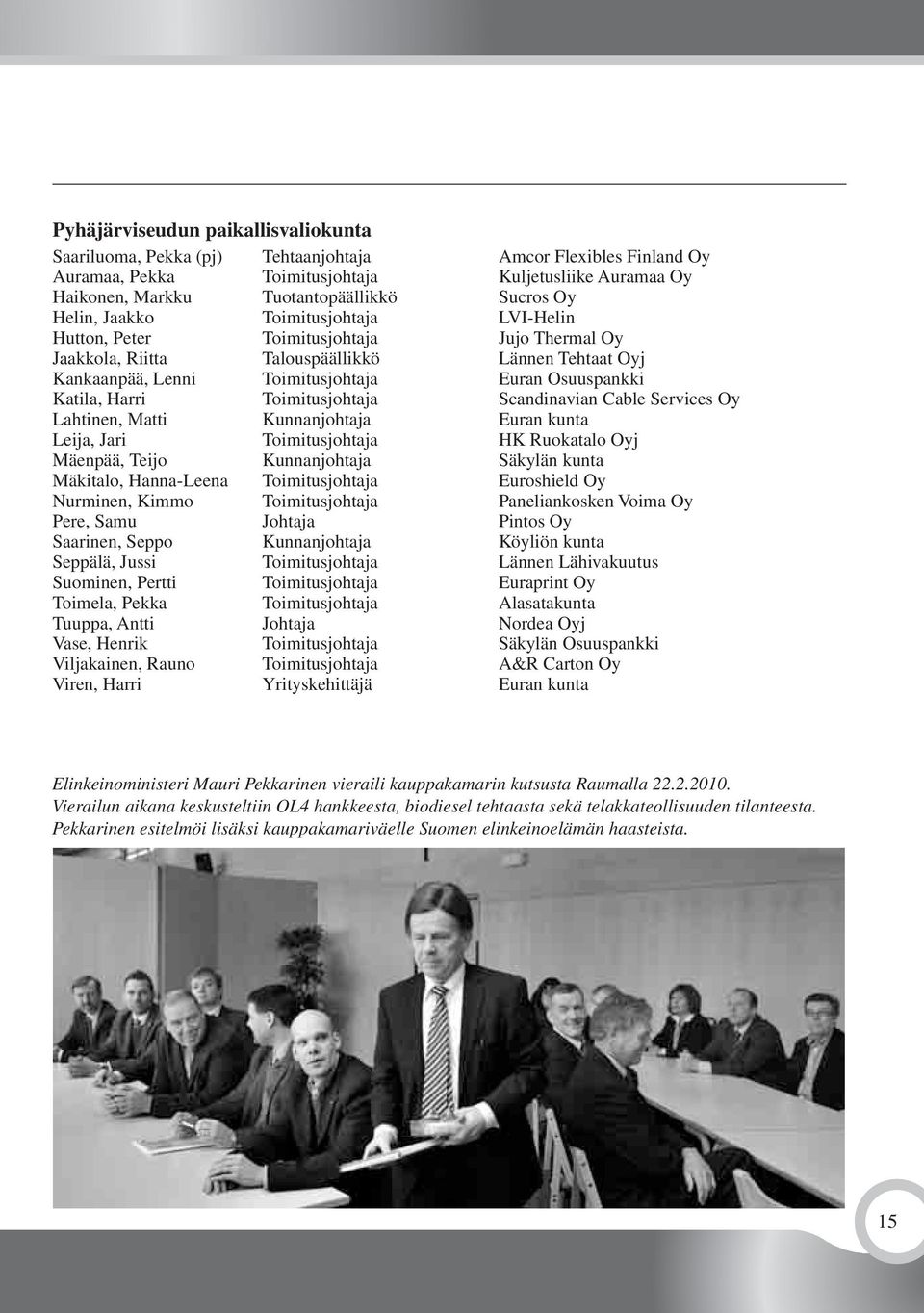 Katila, Harri Toimitusjohtaja Scandinavian Cable Services Oy Lahtinen, Matti Kunnanjohtaja Euran kunta Leija, Jari Toimitusjohtaja HK Ruokatalo Oyj Mäenpää, Teijo Kunnanjohtaja Säkylän kunta
