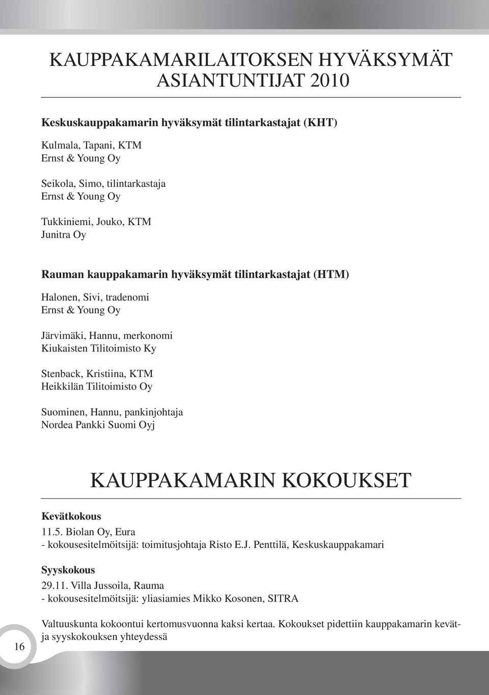 Kristiina, KTM Heikkilän Tilitoimisto Oy Suominen, Hannu, pankinjohtaja Nordea Pankki Suomi Oyj KAUPPAKAMARIN KOKOUKSET Kevätkokous 11.5.