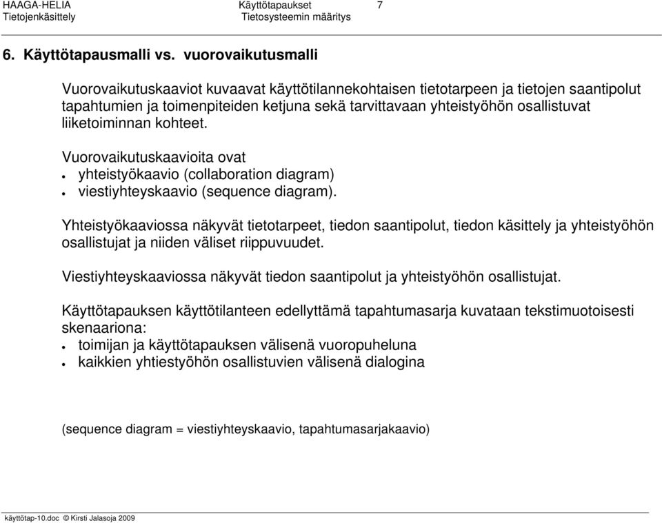 liiketoiminnan kohteet. Vuorovaikutuskaavioita ovat yhteistyökaavio (collaboration diagram) viestiyhteyskaavio (sequence diagram).
