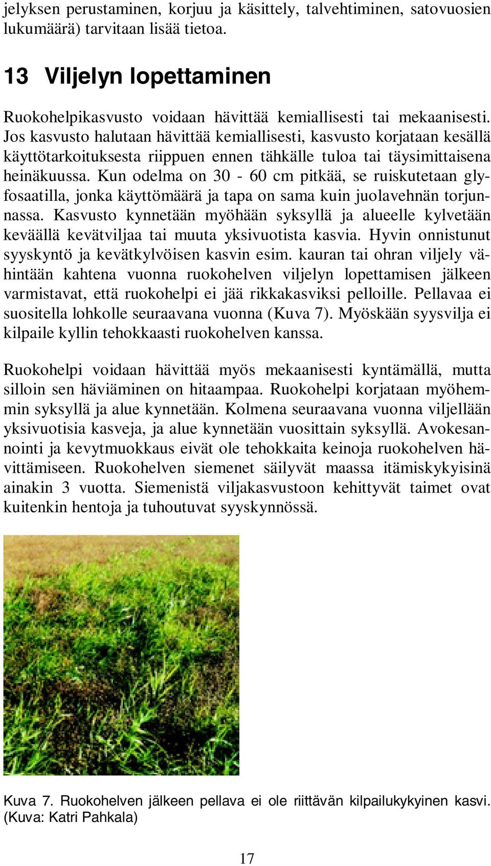 Kun odelma on 30-60 cm pitkää, se ruiskutetaan glyfosaatilla, jonka käyttömäärä ja tapa on sama kuin juolavehnän torjunnassa.