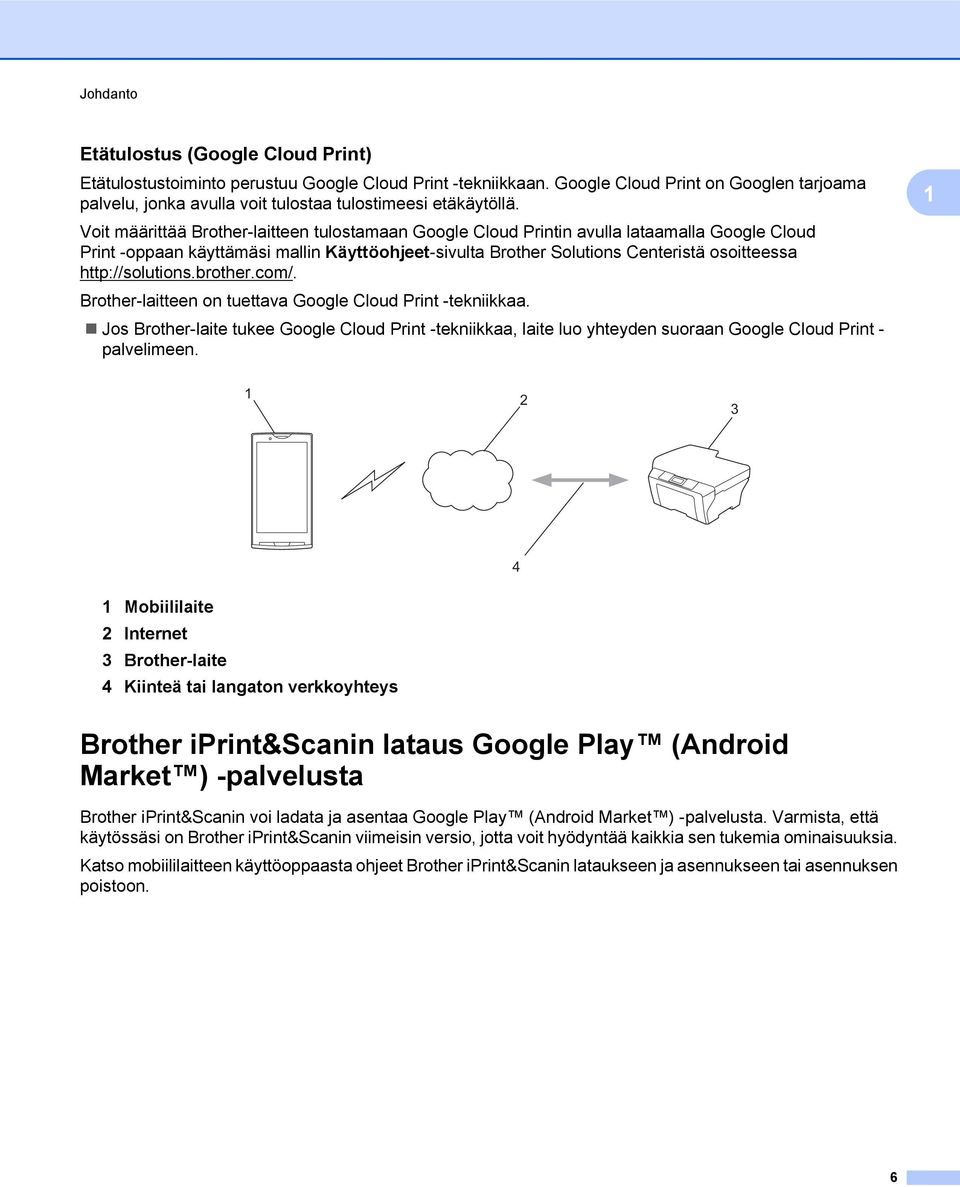Voit määrittää Brother-laitteen tulostamaan Google Cloud Printin avulla lataamalla Google Cloud Print -oppaan käyttämäsi mallin Käyttöohjeet-sivulta Brother Solutions Centeristä osoitteessa
