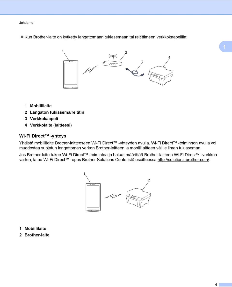 Wi-Fi Direct -toiminnon avulla voi muodostaa suojatun langattoman verkon Brother-laitteen ja mobiililaitteen välille ilman tukiasemaa.