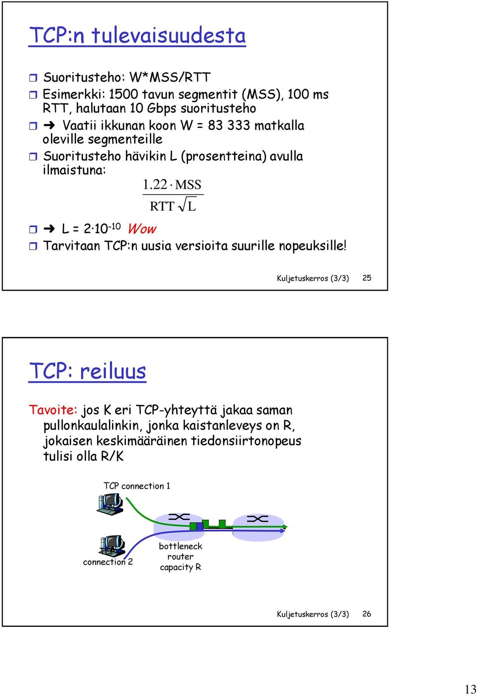 22 MSS RTT L = 2 10-10 Wow Tarvitaan TCP:n uusia versioita suurille nopeuksille!