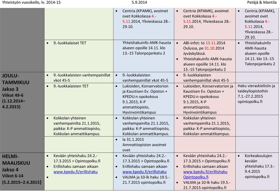 -luokkalaiset TET Yhteishakuinfo AMK-hausta alueen opoille 14.11. klo 13.-15 Talonpojankatu 2 vanhempainillat vkot 45-5 TET Lukioiden, Konservatorion ja Kaustisen Ev. Opiston + KPEDU:n opokokous 9.1.2015, K-P ammattiopisto, Hyvinvointikampus la 31.