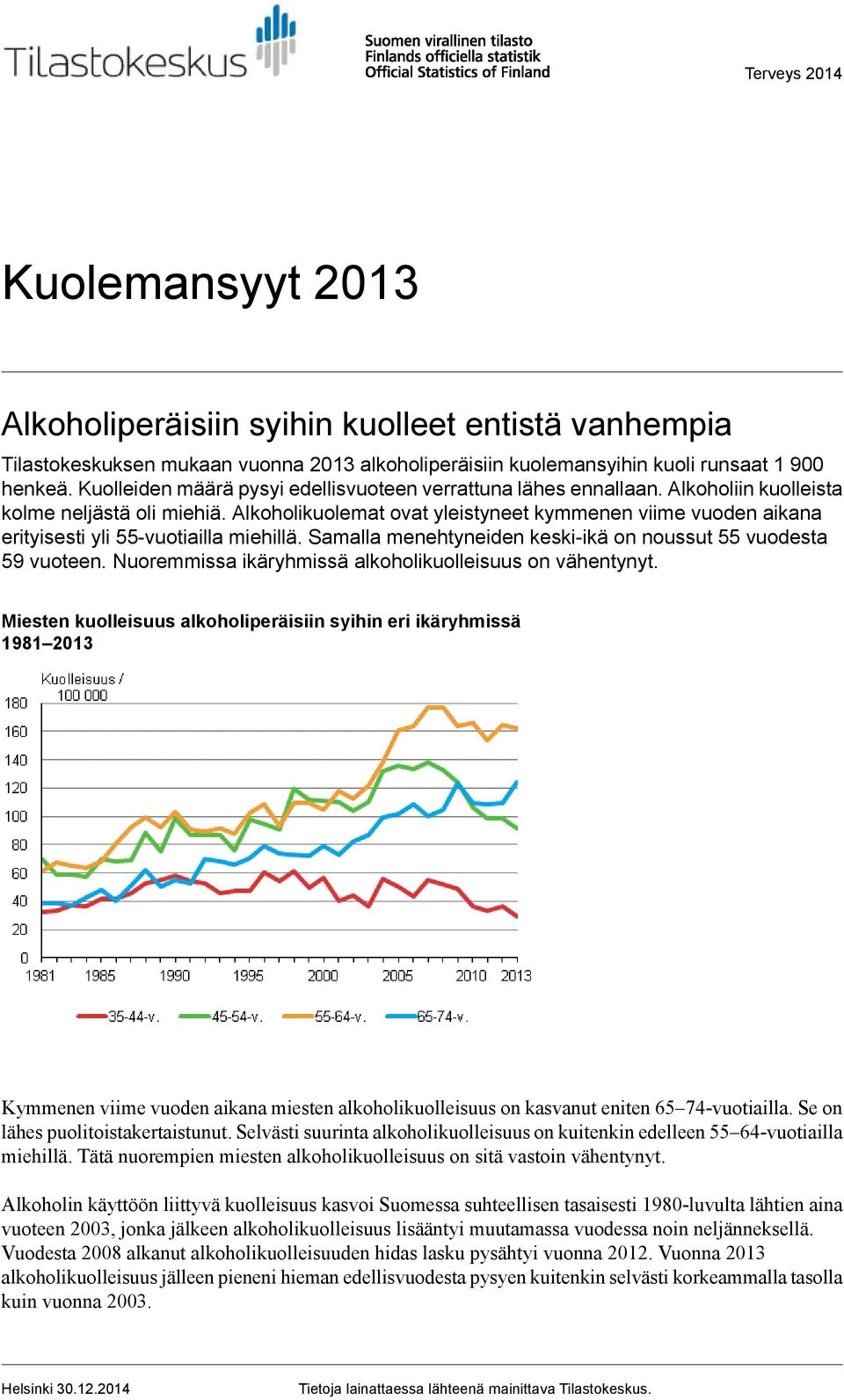 Alkoholikuolemat ovat yleistyneet kymmenen viime vuoden aikana erityisesti yli -vuotiailla miehillä. Samalla menehtyneiden keski-ikä on noussut vuodesta 9 vuoteen.