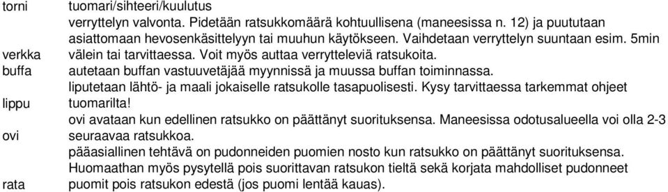 autetaan buffan vastuuvetäjää myynnissä ja muussa buffan toiminnassa. liputetaan lähtö- ja maali jokaiselle ratsukolle tasapuolisesti. Kysy tarvittaessa tarkemmat ohjeet tuomarilta!