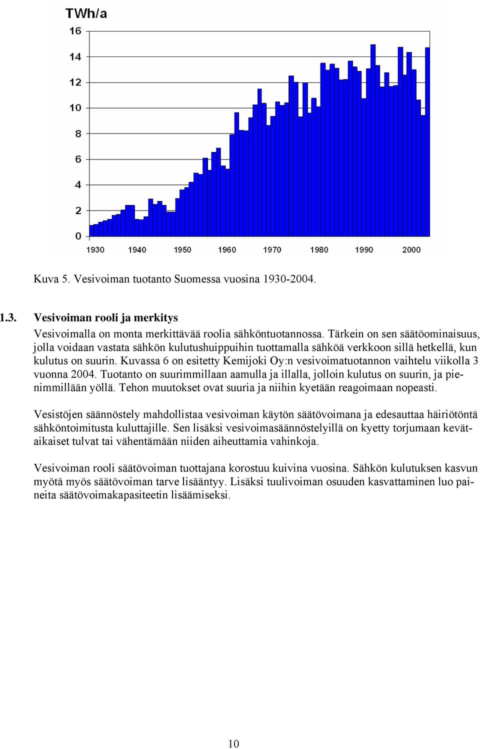 Kuvassa 6 on esitetty Kemijoki Oy:n vesivoimatuotannon vaihtelu viikolla 3 vuonna 2004. Tuotanto on suurimmillaan aamulla ja illalla, jolloin kulutus on suurin, ja pienimmillään yöllä.