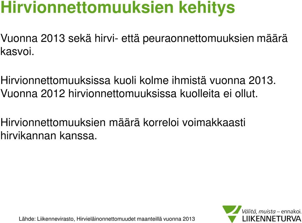 Hirvionnettomuuksissa kuoli kolme ihmistä vuonna 2013.