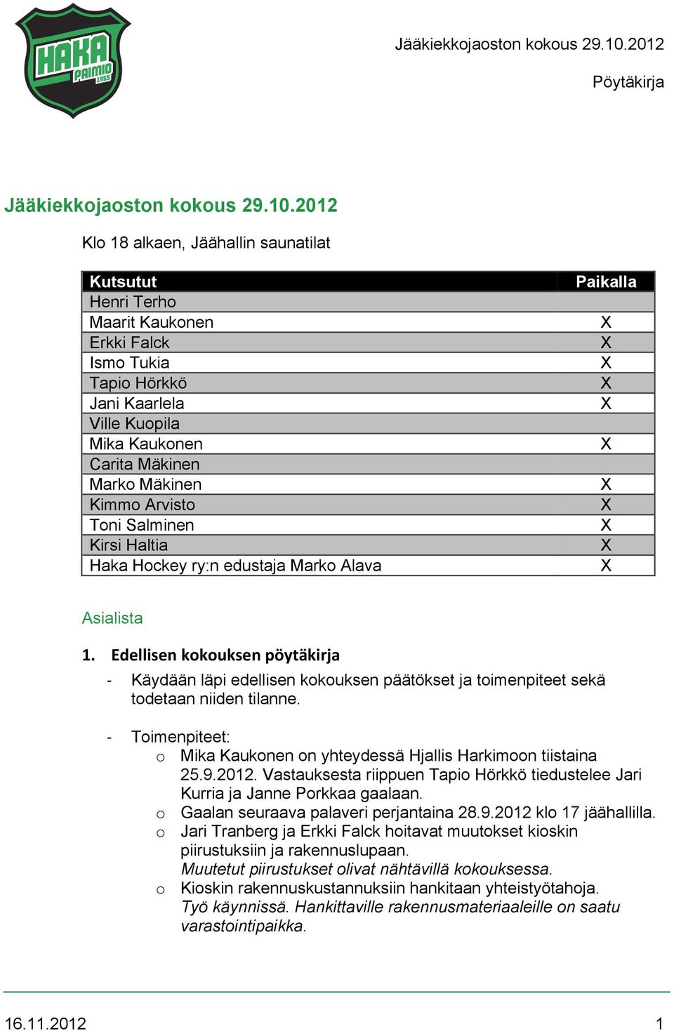 Toni Salminen Kirsi Haltia Haka Hockey ry:n edustaja Marko Alava Paikalla Asialista 1. Edellisen*kokouksen*pöytäkirja*!