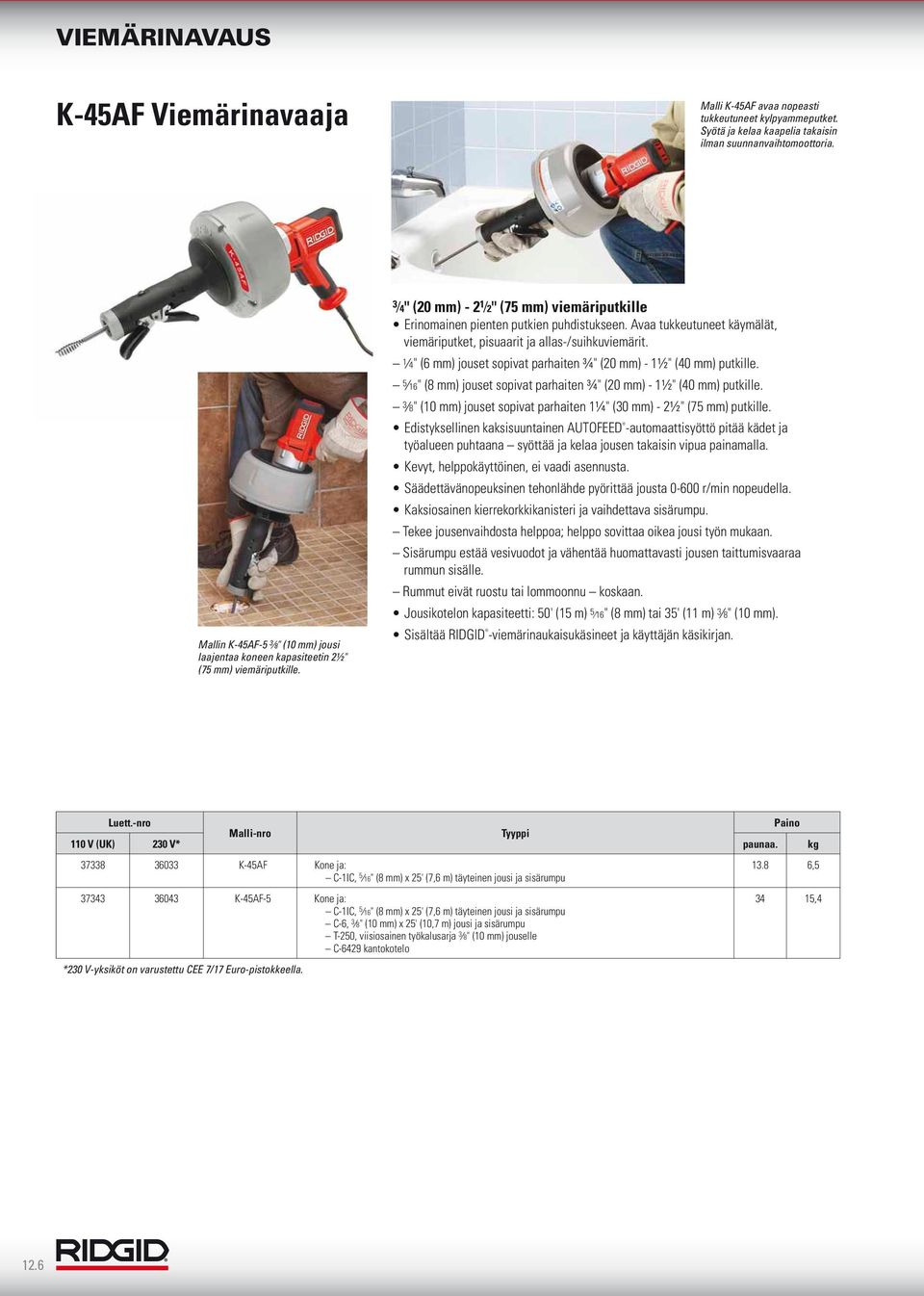 Avaa tukkeutuneet käymälät, viemäriputket, pisuaarit ja allas-/suihkuviemärit. 4" (6 mm) jouset sopivat parhaiten ¾" (20 mm) - ½" (40 mm) putkille.