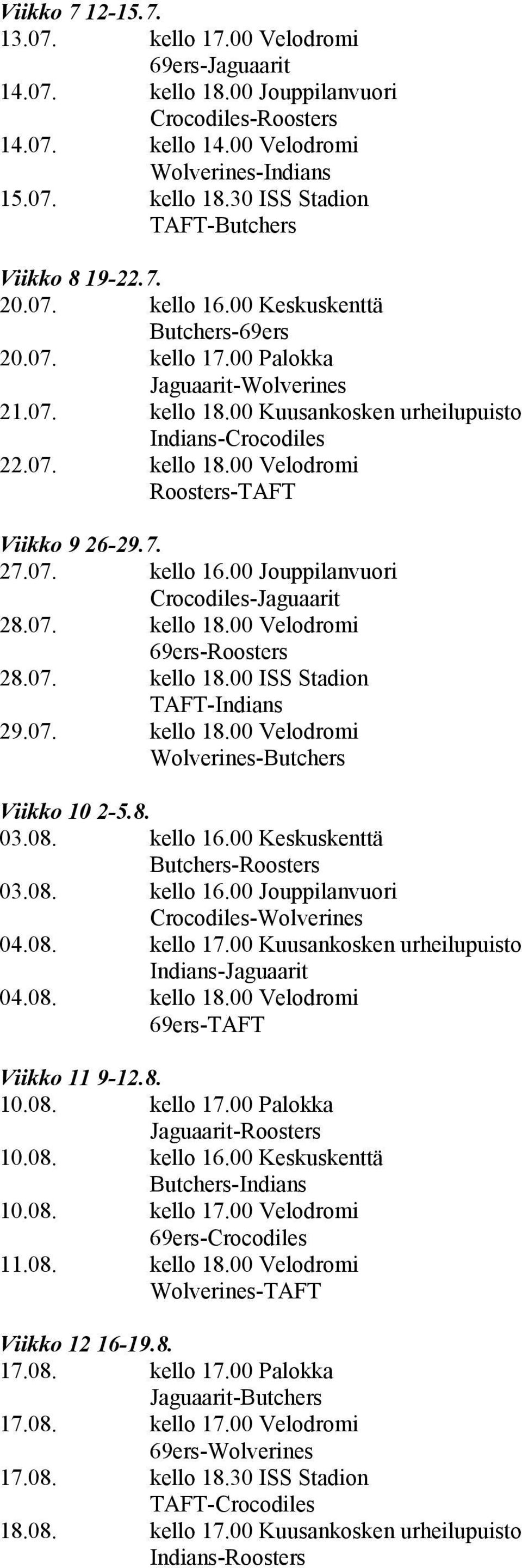 7. 27.07. kello 16.00 Jouppilanvuori Crocodiles-Jaguaarit 28.07. kello 18.00 Velodromi 69ers-Roosters 28.07. kello 18.00 ISS Stadion TAFT-Indians 29.07. kello 18.00 Velodromi Wolverines-Butchers Viikko 10 2-5.