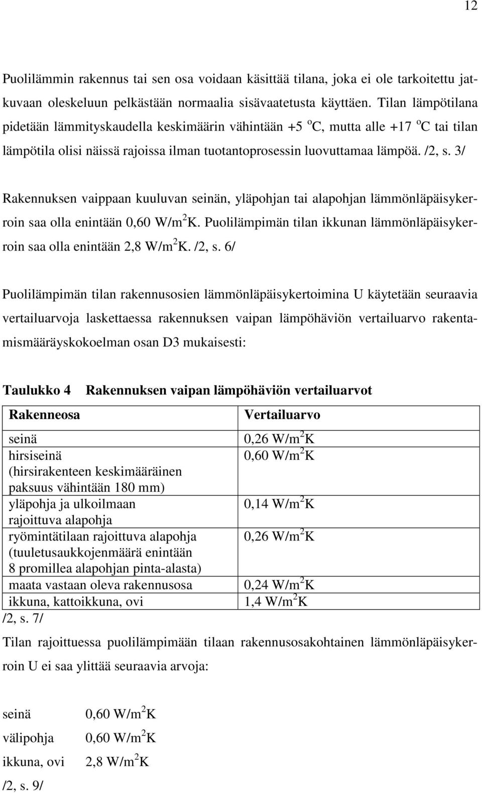 3/ Rakennuksen vaippaan kuuluvan seinän, yläpohjan tai alapohjan lämmönläpäisykerroin saa olla enintään 0,60 W/m 2 K. Puolilämpimän tilan ikkunan lämmönläpäisykerroin saa olla enintään 2,8 W/m 2 K.