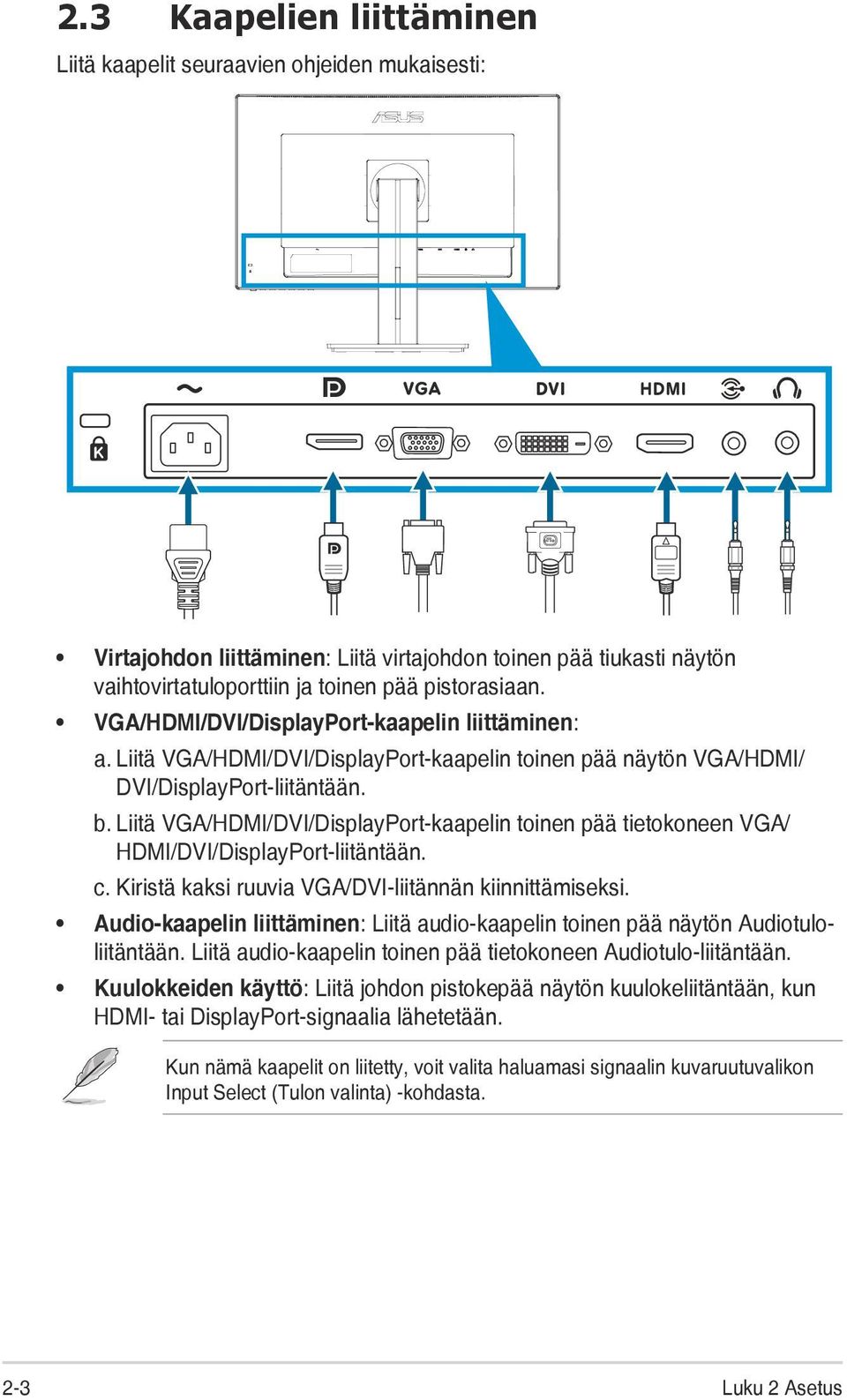 Liitä VGA/HDMI/DVI/DisplayPort-kaapelin toinen pää tietokoneen VGA/ HDMI/DVI/DisplayPort-liitäntään. c. Kiristä kaksi ruuvia VGA/DVI-liitännän kiinnittämiseksi.