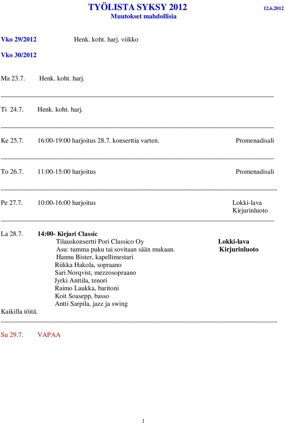 Hannu Bister, kapellimestari Riikka Hakola, sopraano Sari Norqvist, mezzosopraano Jyrki Anttila, tenori Raimo Laukka, baritoni Koit Soasepp, basso Antti Sarpila, jazz