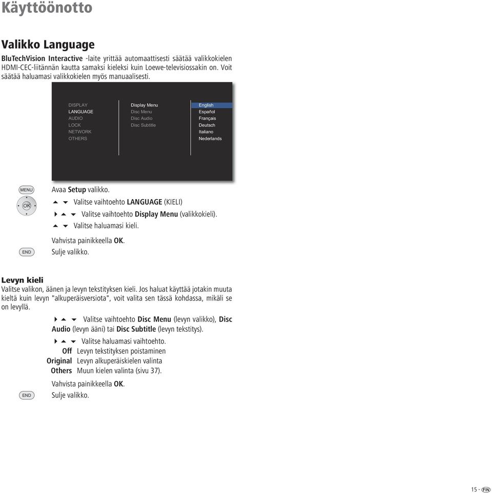 DISPLAY LANGUAGE AUDIO LOCK NETWORK OTHERS Display Menu Disc Menu Disc Audio Disc Subtitle English Español Français Deutsch Italiano Nederlands Avaa Setup valikko.