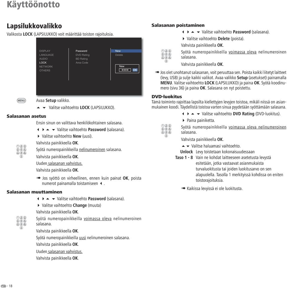 Syötä numeropainikkeilla voimassa oleva nelinumeroinen salasana. Jos olet unohtanut salasanan, voit peruuttaa sen. Poista kaikki liitetyt laitteet (levy, USB) ja sulje kaikki valikot.