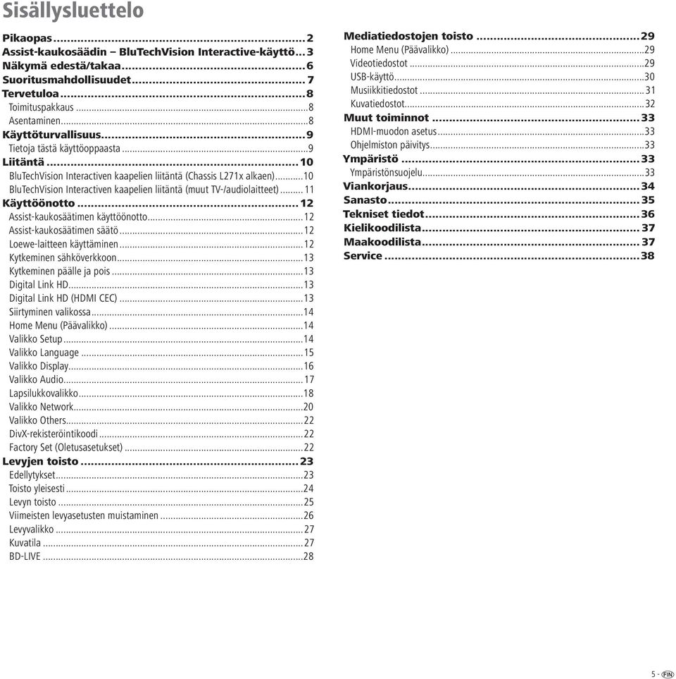 ..10 BluTechVision Interactiven kaapelien liitäntä (muut TV-/audiolaitteet)...11 Käyttöönotto... 12 Assist-kaukosäätimen käyttöönotto...12 Assist-kaukosäätimen säätö...12 Loewe-laitteen käyttäminen.