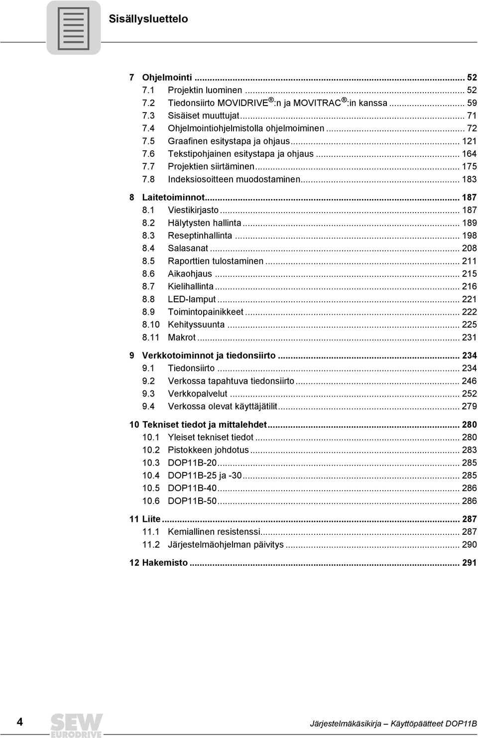 1 Viestikirjasto... 187 8.2 Hälytysten hallinta... 189 8.3 Reseptinhallinta... 198 8.4 Salasanat... 28 8.5 Raporttien tulostaminen... 211 8.6 Aikaohjaus... 215 8.7 Kielihallinta... 216 8.8 LED-lamput.