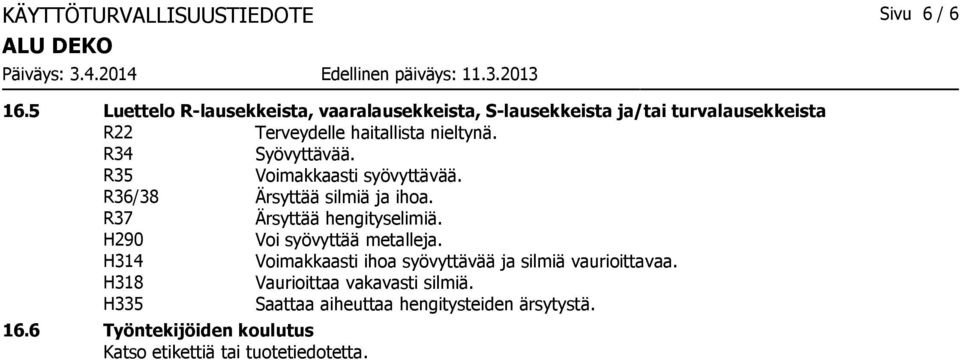 R34 Syövyttävää. R35 Voimakkaasti syövyttävää. R36/38 Ärsyttää silmiä ja ihoa. R37 Ärsyttää hengityselimiä.
