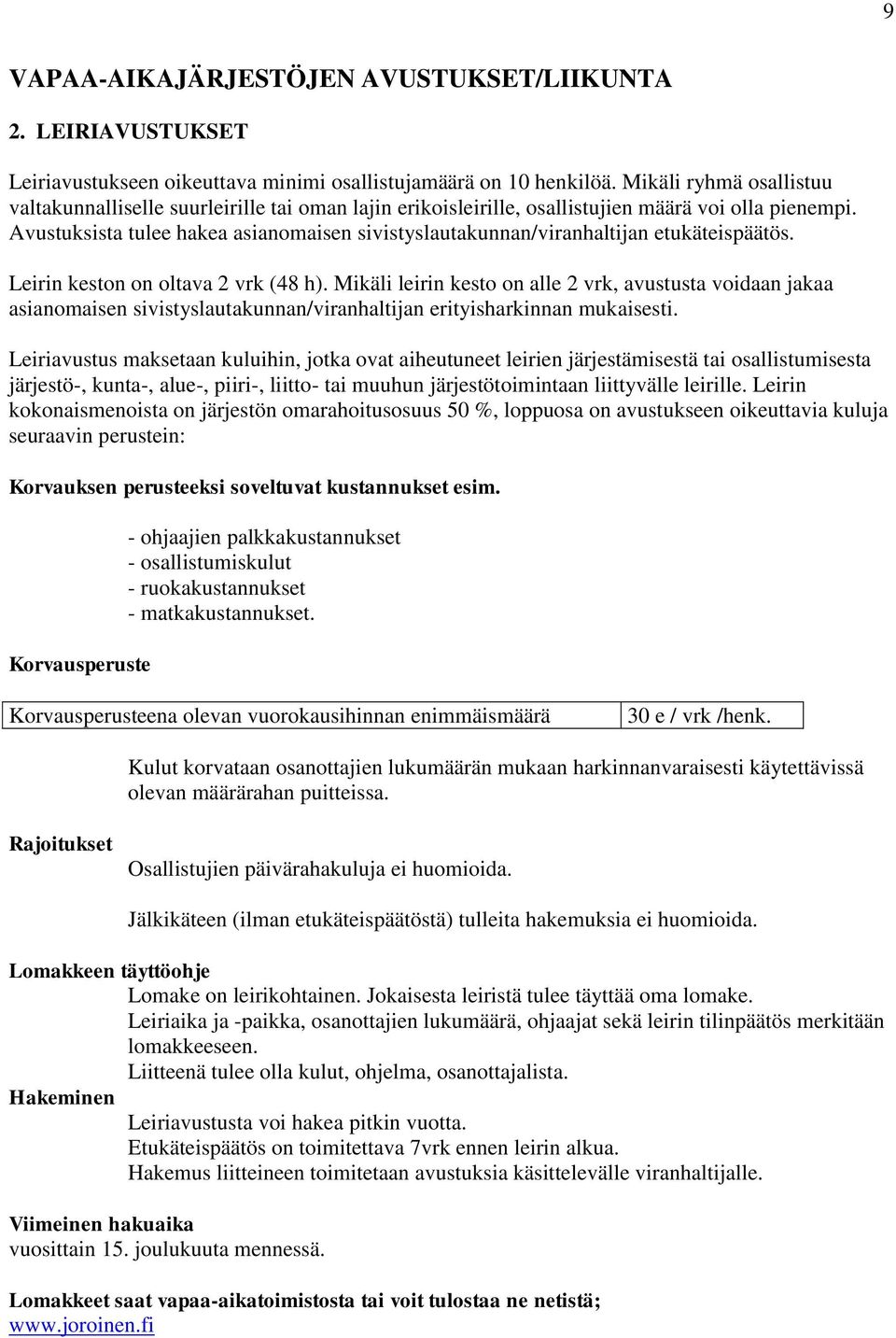 Avustuksista tulee hakea asianomaisen sivistyslautakunnan/viranhaltijan etukäteispäätös. Leirin keston on oltava 2 vrk (48 h).