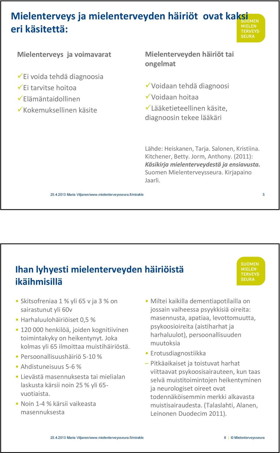 (2011): Käsikirja mielenterveydestä ja ensiavusta. Suomen Mielenterveysseura. Kirjapaino Jaarli. 25.4.2013 Maria Viljanen/www.mielenterveysseura.