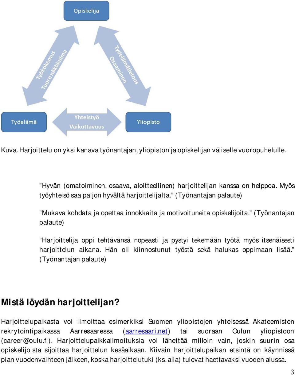 (Työnantajan palaute) Harjoittelija oppi tehtävänsä nopeasti ja pystyi tekemään työtä myös itsenäisesti harjoittelun aikana. Hän oli kiinnostunut työstä sekä halukas oppimaan lisää.