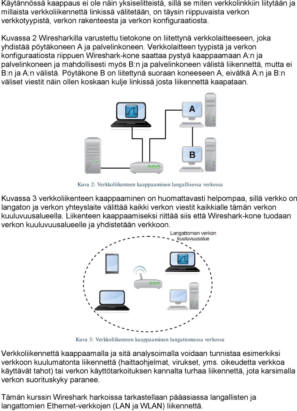 Verkkolaitteen tyypistä ja verkon konfiguraatiosta riippuen Wireshark-kone saattaa pystyä kaappaamaan A:n ja palvelinkoneen ja mahdollisesti myös B:n ja palvelinkoneen välistä liikennettä, mutta ei