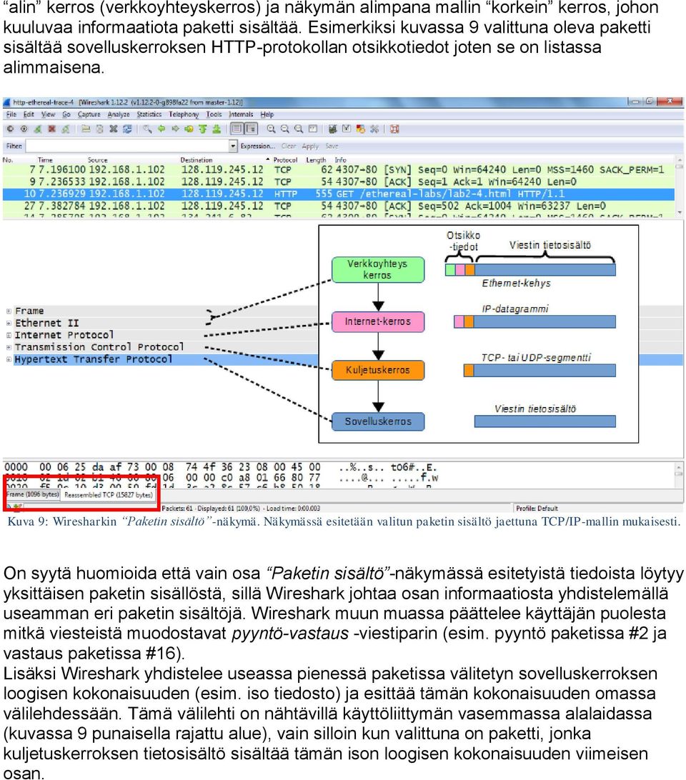 Näkymässä esitetään valitun paketin sisältö jaettuna TCP/IP-mallin mukaisesti.